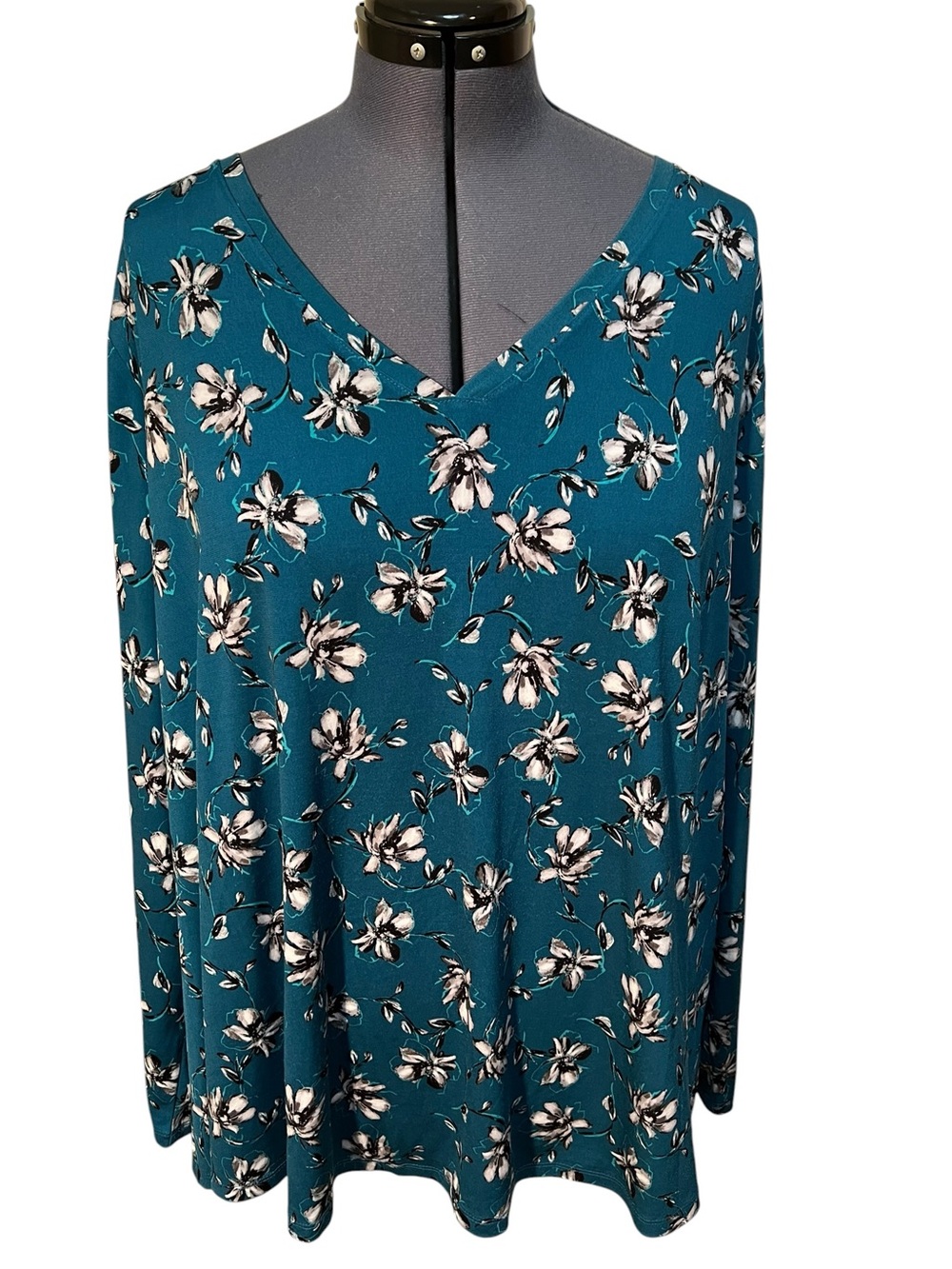 Lane Bryant Women’s Plus Sz 26/28 Blouse V-Neck Long Sleeve Dark Turquoise Black